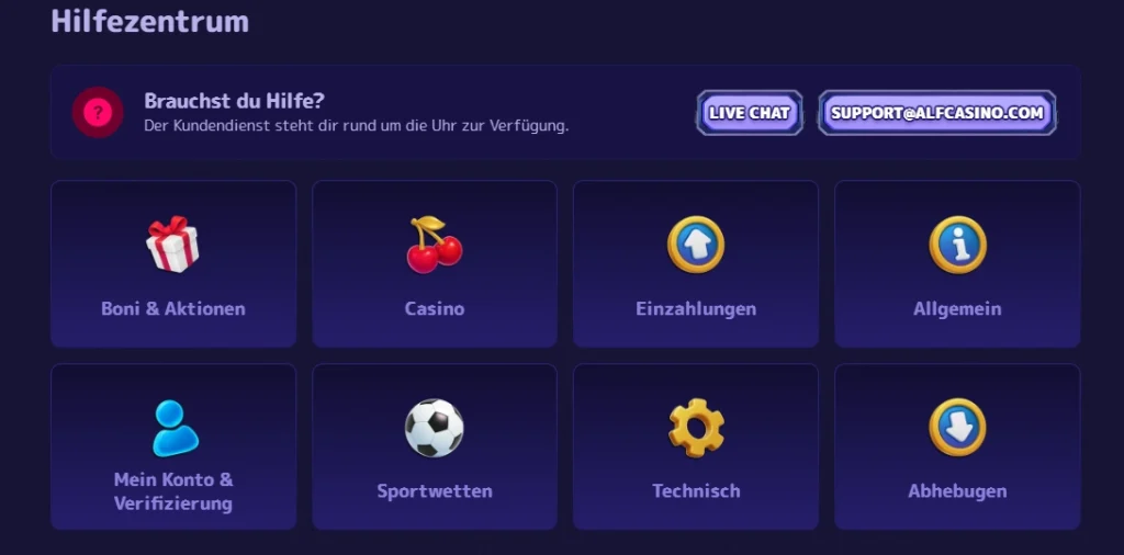 Alf Casino Hilfezentrum mit Support und Kategorien Übersicht