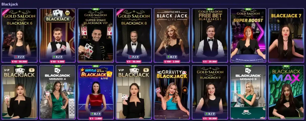 Alf Casino Live Blackjack Bereich mit verschiedenen Blackjack Tischen und Dealern