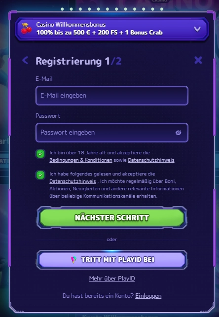 Alf Casino Registrierungsformular mit Willkommensbonus und PlayID Login