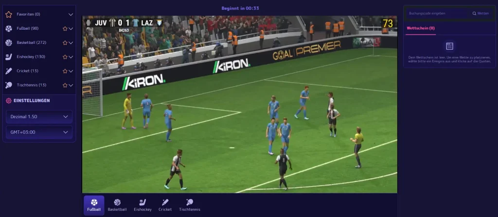 Alf Casino Sportwetten Bereich mit Live Fußballspiel und Wettoptionen